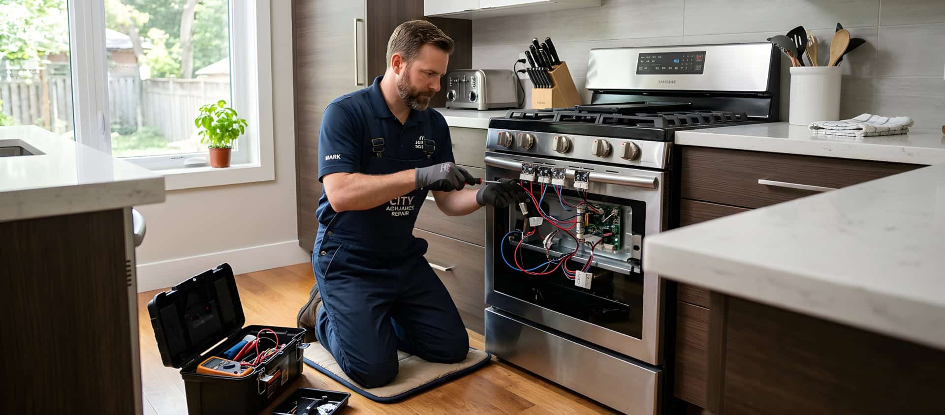 Repairman fixing a stove